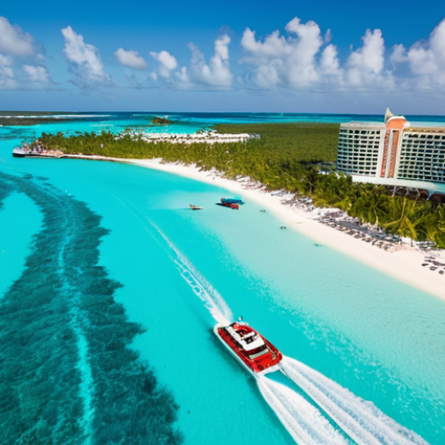 Home 11 A sun-drenched shot of Paradise Island in the Bahamas, capturing the opulent Casino Royale hotel rising above turquoise waters. Speedboats race across the bay, hinting at high-stakes action and adventure. Focus on vibrant colors and a sense of luxury.