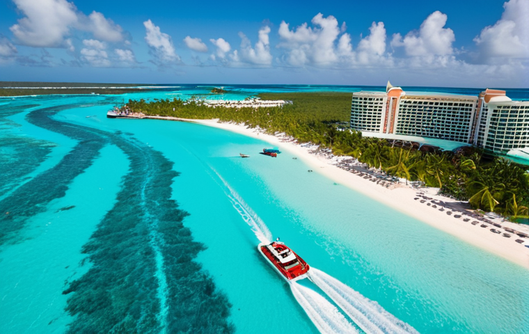 A sun-drenched shot of Paradise Island in the Bahamas, capturing the opulent Casino Royale hotel rising above turquoise waters. Speedboats race across the bay, hinting at high-stakes action and adventure. Focus on vibrant colors and a sense of luxury.