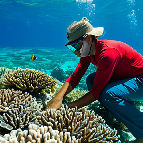 Home 6 A professional marine conservationist, adult, fully clothed in appropriate, modest field attire, carefully observing a vibrant coral reef regeneration project in crystal-clear Bahamian waters. Sunlight filters through the water, illuminating diverse marine life and healthy coral. In the background, a distant, subtly visible eco-friendly resort building with solar panels on its roof blends seamlessly into the natural landscape. The image conveys dedication to environmental protection and sustainable tourism. Perfect anatomy, correct proportions, natural pose, well-formed hands, proper finger count, natural body proportions, safe for work, appropriate content, family-friendly, professional photography, high quality.