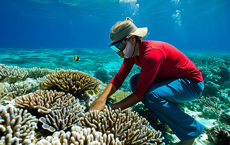 A professional marine conservationist, adult, fully clothed in appropriate, modest field attire, carefully observing a vibrant coral reef regeneration project in crystal-clear Bahamian waters. Sunlight filters through the water, illuminating diverse marine life and healthy coral. In the background, a distant, subtly visible eco-friendly resort building with solar panels on its roof blends seamlessly into the natural landscape. The image conveys dedication to environmental protection and sustainable tourism. Perfect anatomy, correct proportions, natural pose, well-formed hands, proper finger count, natural body proportions, safe for work, appropriate content, family-friendly, professional photography, high quality.