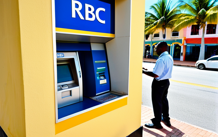 ATM Withdrawal in The Bahamas**

"A traveler in modest attire withdrawing Bahamian dollars (BSD) from an RBC Royal Bank ATM in Nassau, Bahamas. The background shows a sunny street scene with palm trees and colorful buildings, fully clothed, appropriate content, safe for work, professional, perfect anatomy, natural proportions, well-formed hands, proper finger count."

**