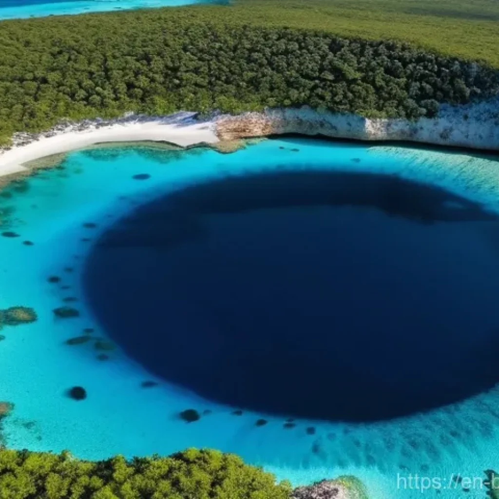 바하마 블루홀 다이빙 - **Prompt:** A breathtaking aerial view of Dean's Blue Hole on Long Island, Bahamas. The intense, dee...