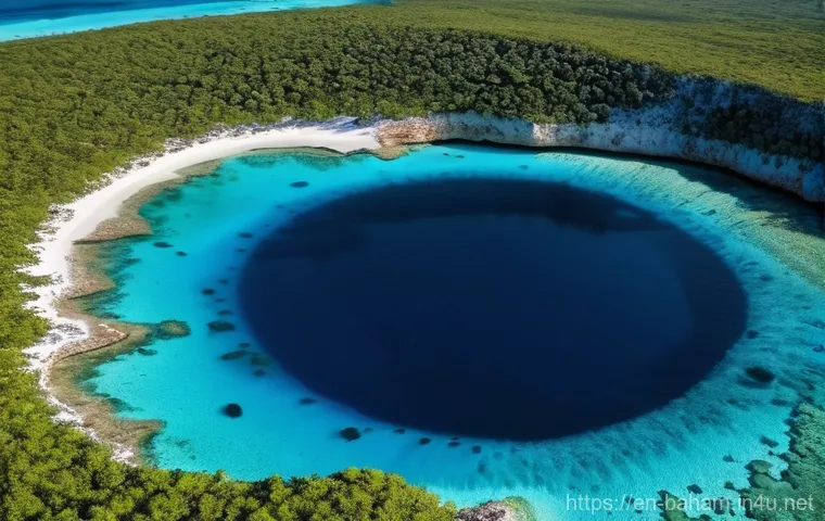 바하마 블루홀 다이빙 - **Prompt:** A breathtaking aerial view of Dean's Blue Hole on Long Island, Bahamas. The intense, dee...