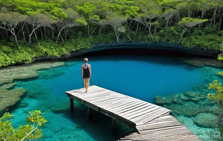 바하마 블루홀 다이빙 - **Prompt:** An underwater scene inside the Lost Blue Hole near Nassau, Bahamas, focusing on marine b...