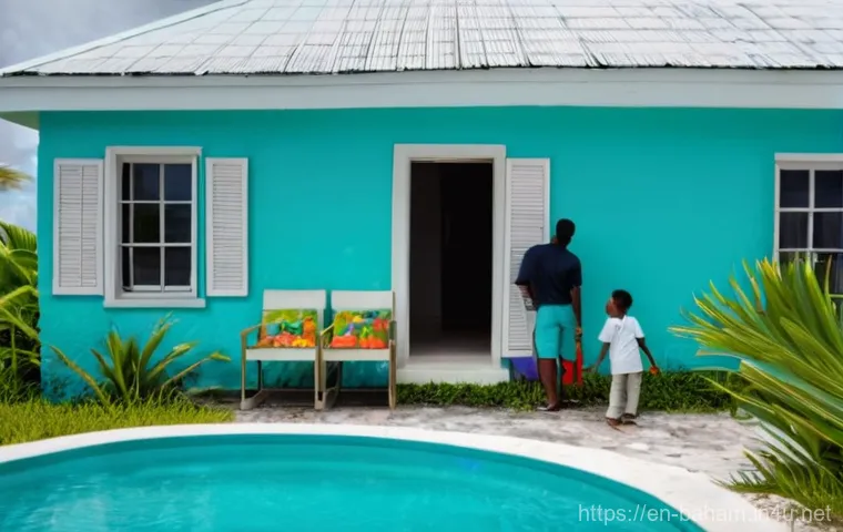 바하마 허리케인 시즌 대비 - **"Tropical Hurricane Preparedness in The Bahamas"**
    A vibrant, pastel-colored Bahamian home, fe...