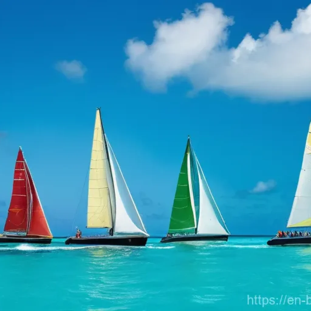 바하마 국민 스포츠 - **Prompt:** A dynamic, wide shot of traditional Bahamian sloops racing across impossibly clear turqu...