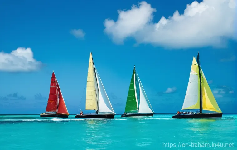 바하마 국민 스포츠 - **Prompt:** A dynamic, wide shot of traditional Bahamian sloops racing across impossibly clear turqu...