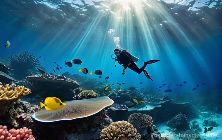 바하마 지역별 특색 - **Prompt:** A photorealistic, high-resolution image capturing a vibrant underwater scene in the crys...