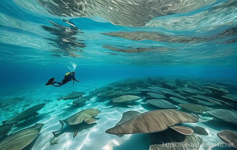 바하마 지역별 특색 - **Prompt:** A photorealistic, high-resolution image capturing a vibrant underwater scene in the crys...