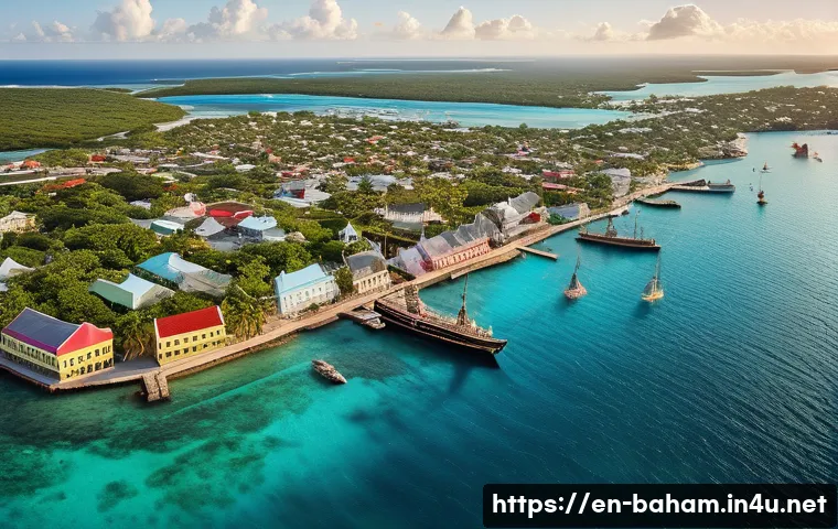 바하마의 영국 식민지 시대 - A detailed aerial view of Nassau harbor during the British colonial era, showcasing colorful wooden ...