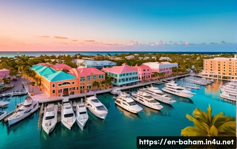 바하마에서 집 사기 - A vibrant aerial view of Nassau&rsquo;s real estate district at sunset, showcasing a mix of historic colon...