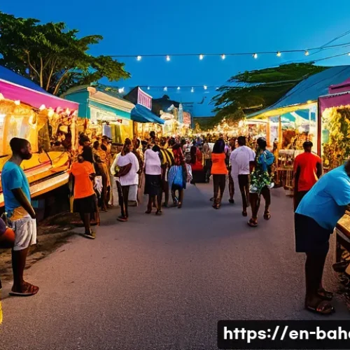 바하마와 관련된 영화 및 드라마 - A vibrant Bahamian street festival scene at sunset, featuring colorful colonial-style buildings ador...