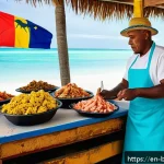 바하마 로컬 음식 추천 - A vibrant Bahamian beach food stall scene at sunset, featuring a friendly local vendor preparing fre...