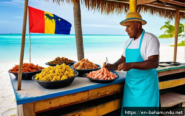 바하마 로컬 음식 추천 - A vibrant Bahamian beach food stall scene at sunset, featuring a friendly local vendor preparing fre...
