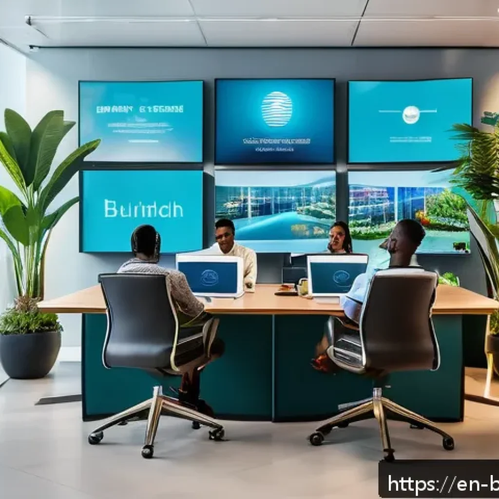 바하마의 경제 상황 - A modern Bahamian fintech office interior, featuring diverse young professionals collaborating over ...