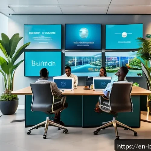 바하마의 경제 상황 - A modern Bahamian fintech office interior, featuring diverse young professionals collaborating over ...