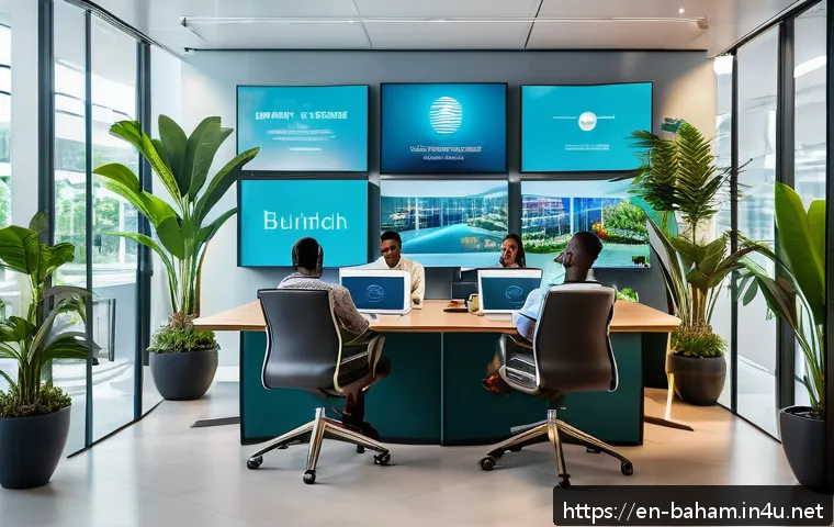 바하마의 경제 상황 - A modern Bahamian fintech office interior, featuring diverse young professionals collaborating over ...