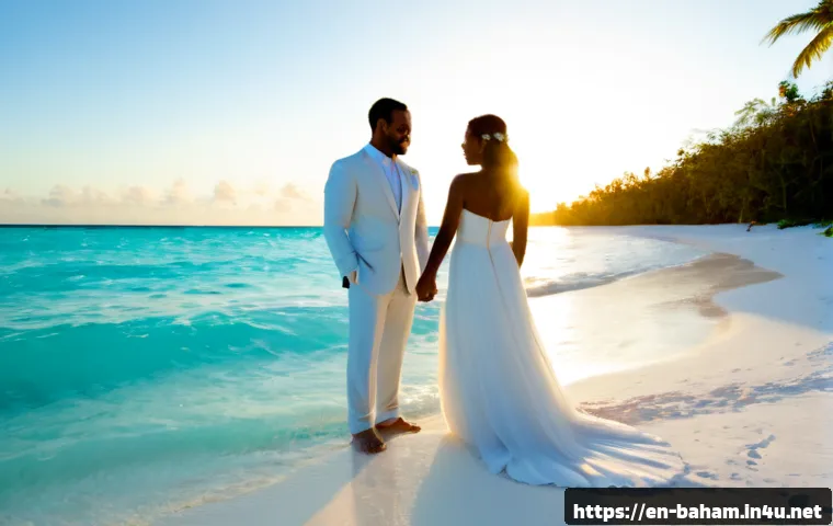 Home 17 바하마에서 웨딩 촬영하기 - Photorealistic destination wedding portrait on a pristine Bahamas beach at sunrise, elegant bride in...